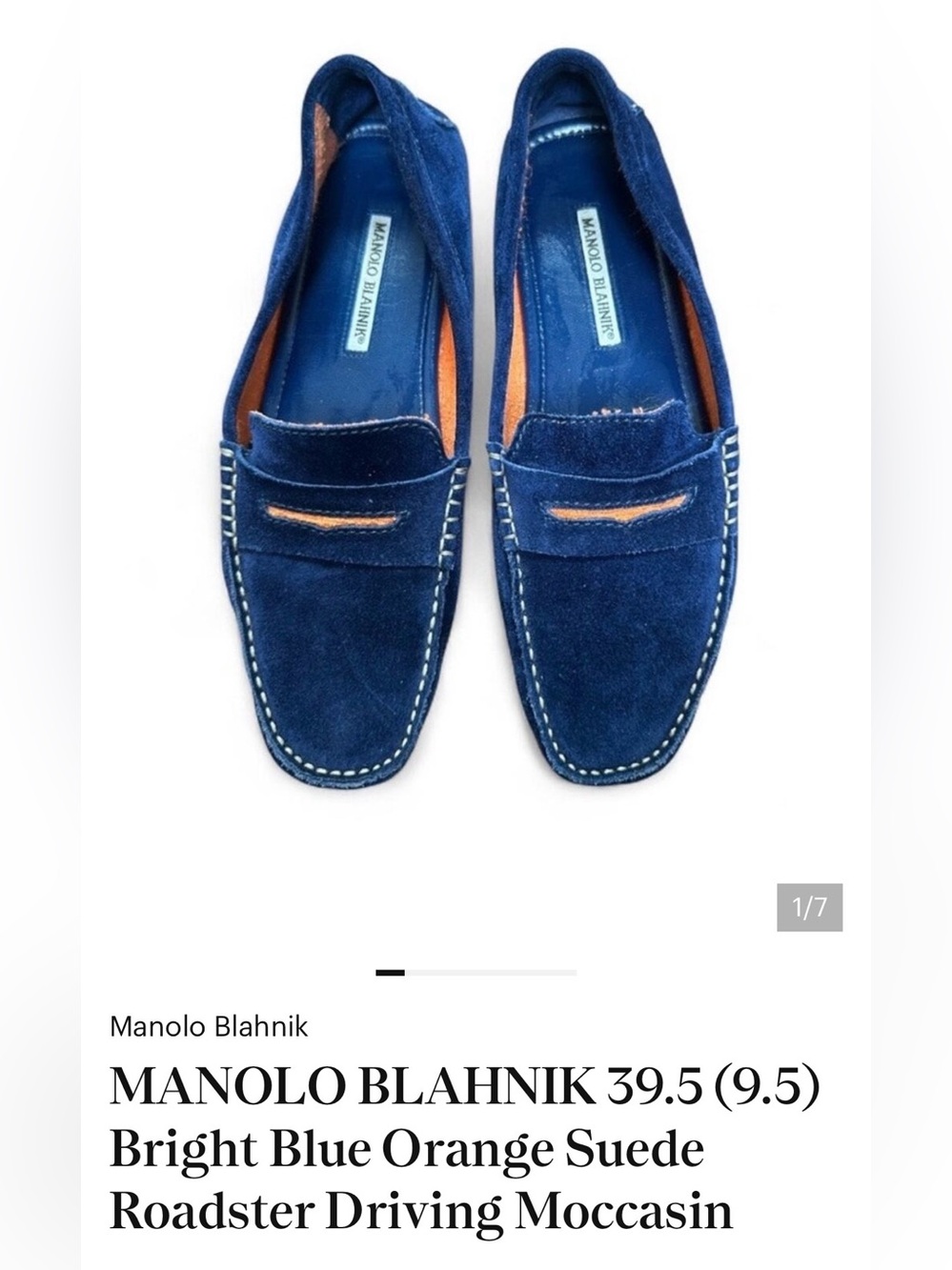 MANOLO BLAHNIK 39.5 (9.5) Bright Blue Orange Suede Roadster Driving Moccasin